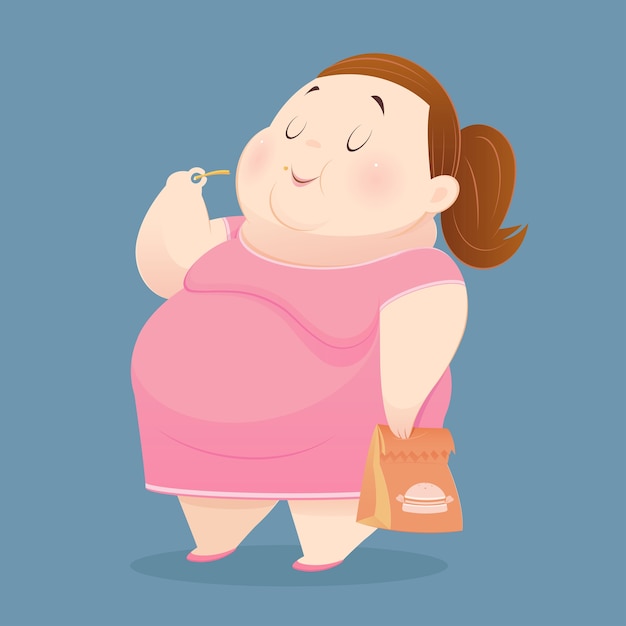 Толстая женщина любит есть много нездоровой пищи.