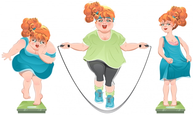 Vector fat woman stares at the scales. she lost weight. thin red-haired girl standing on the scales