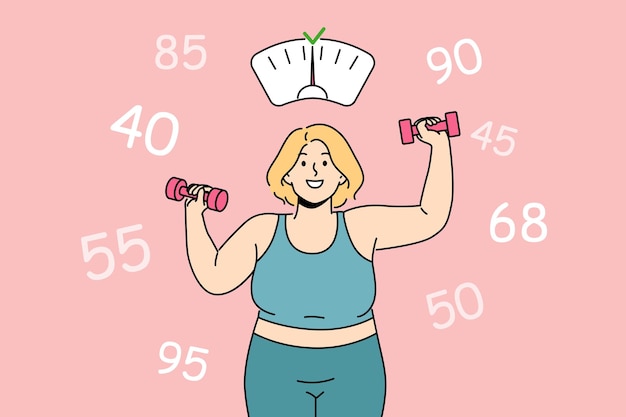 La donna grassa vuole perdere peso e diventare più snella facendo fitness in palestra e sollevando manubri