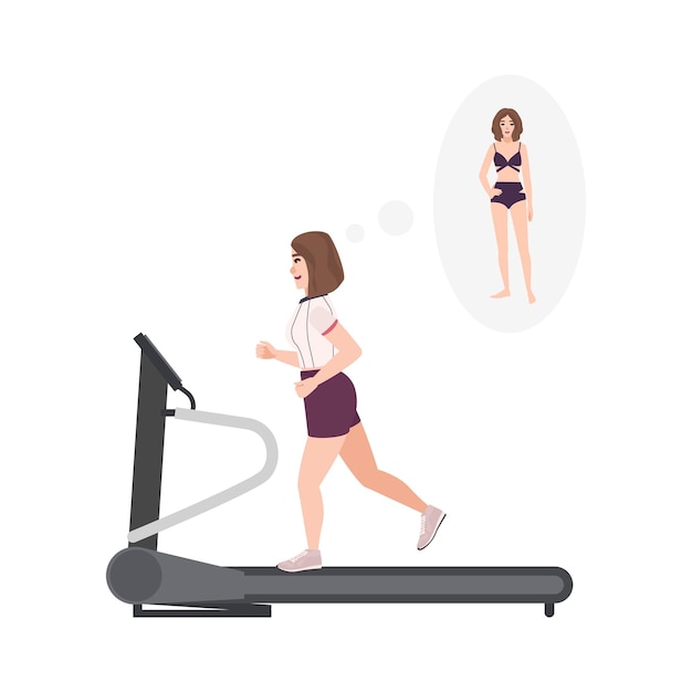 Fat woman wearing fitness apparel running on treadmill