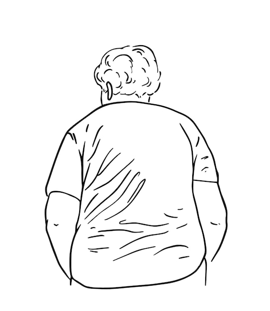 Fat woman with short hair in a tshirt man linear cartoon coloring book