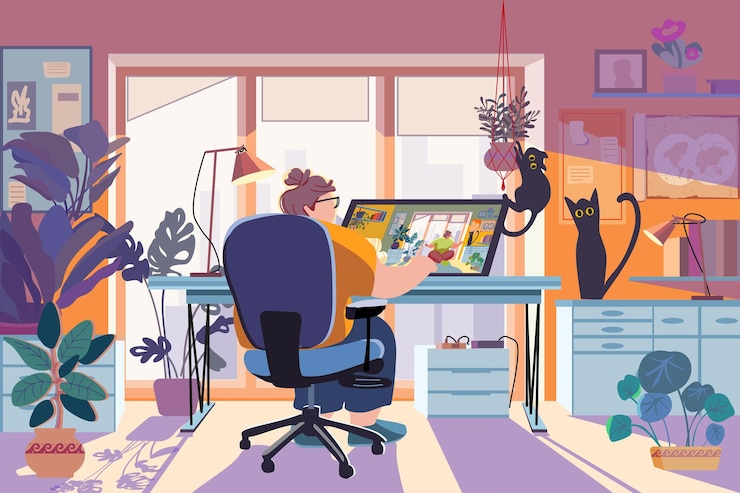 Vector fat woman working on a laptop while sitting at the table in a cozy interior