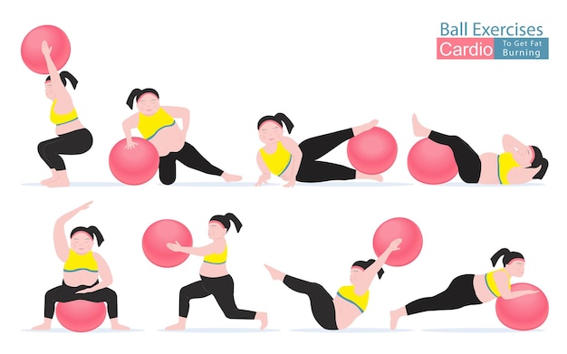 Fat women cardio ball exercises and fitness training Concept for weight loss of fat burning Vector Illustration