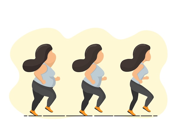 뚱뚱한 여성은 비율이 다시 매끈한 벡터 플랫 일러스트레이션으로 돌아올 때까지 정기적으로 체중 감량을 위해 달리고 있습니다.