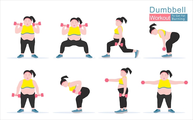 太った女性は、ダンベルとフィットネストレーニングで運動します脂肪燃焼の減量のための概念ベクトル図