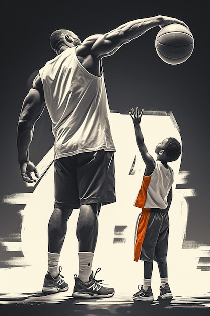 Вектор Отец и дети играют в баскетбол в день отца