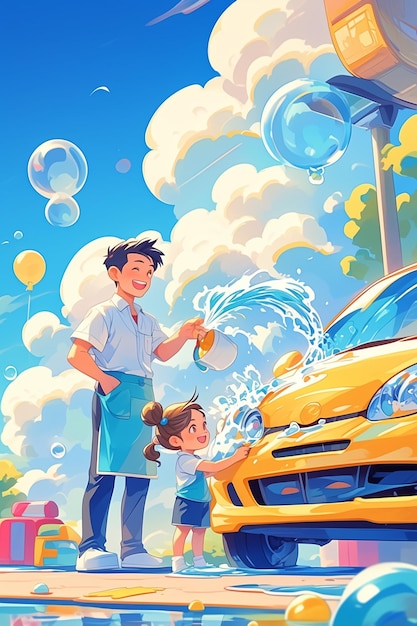 ベクトル 父と子供たちが父の日に一緒に車を洗っている