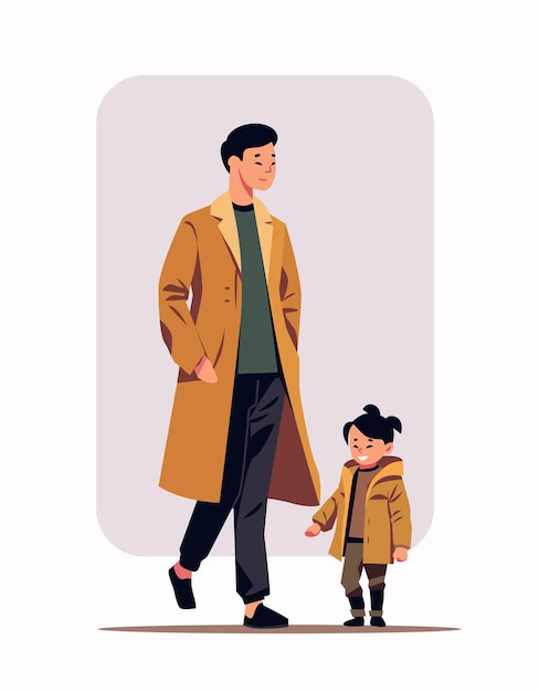 벡터 아버지와 어린 소녀가 함께 걷는 아시아 아빠는 딸을 학교나 유치원에 데리고 갑니다