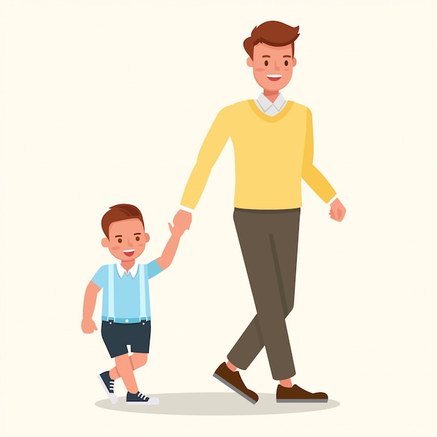 Отец и сын гуляют.
