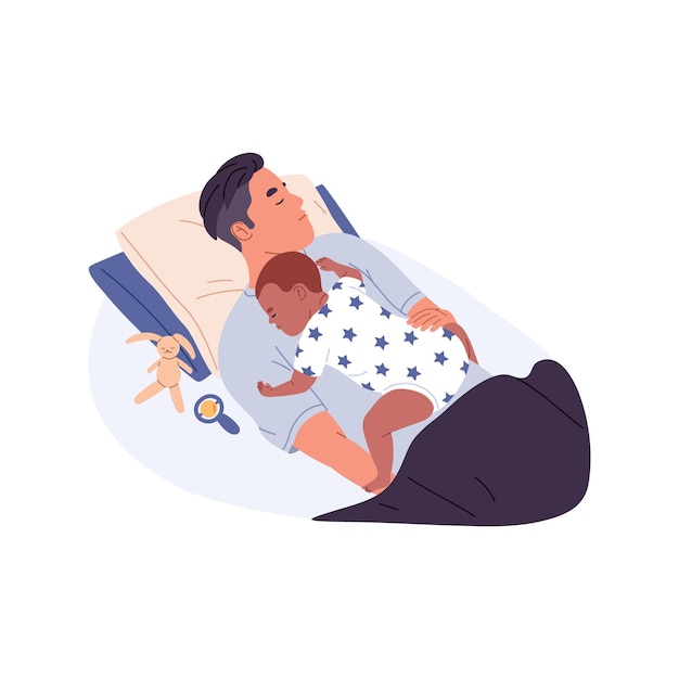 Father and baby son sleeping together child lying over dad in bed little kid asleep relaxing on daddy man and toddler of different race flat vector illustration isolated on white background