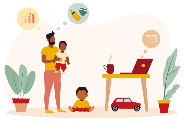Father balancing work and childcare during maternity leave at home while managing responsibilities