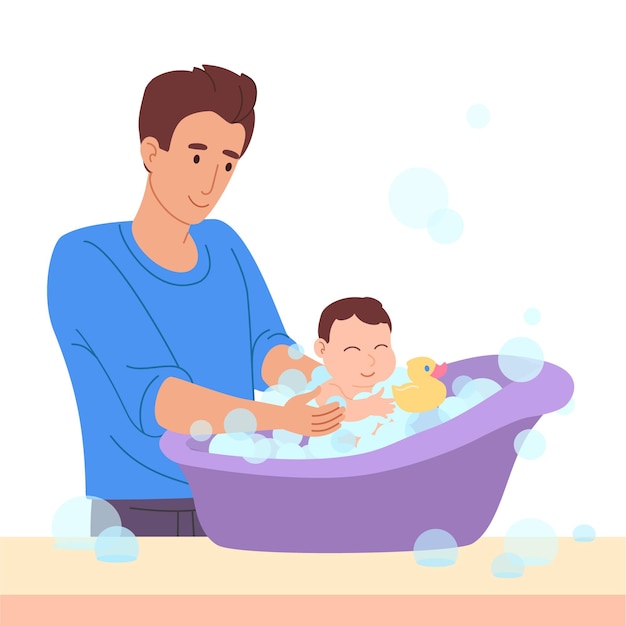 Vector father bathes a small baby in the tub