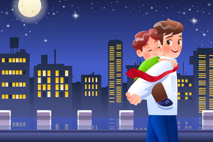 Vector father carrying son on a piggyback ride at night