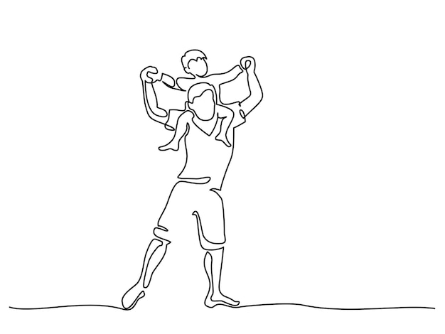 Vector father carrying son on shoulders with arm raised pose continuous one line drawing art style vector