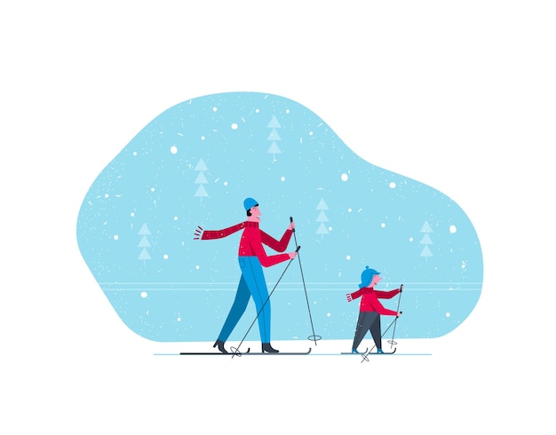 Father and a child characters skiing together