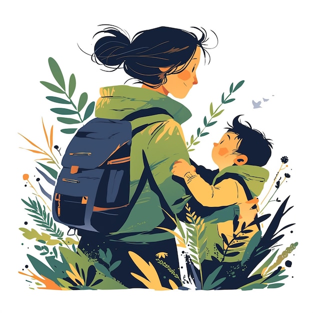 Vector father and child exploring nature together