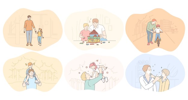 Vector father and child, fathers day, activities with children concept.