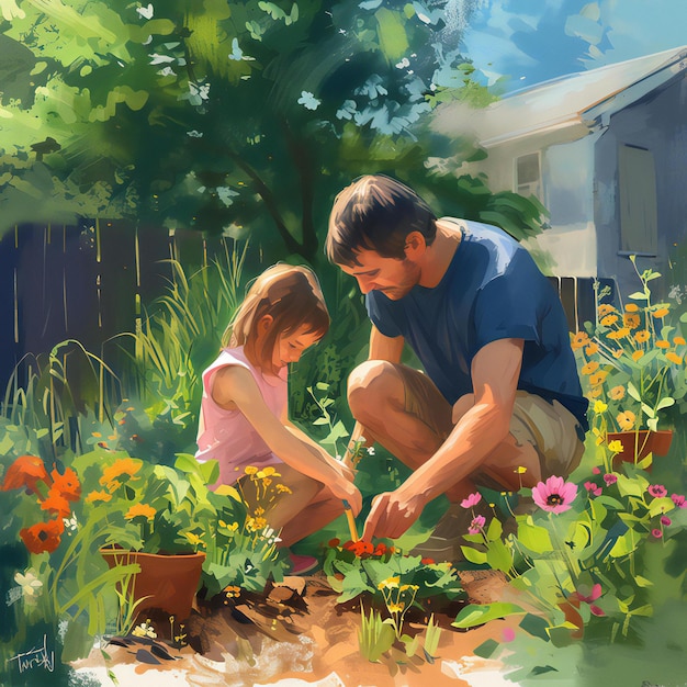 A father and child gardening together in the backyard planting flowers and vegetables side by side realistic modern illustration fast v 6 Job ID 74a9dfa94953473f99639fa132347850