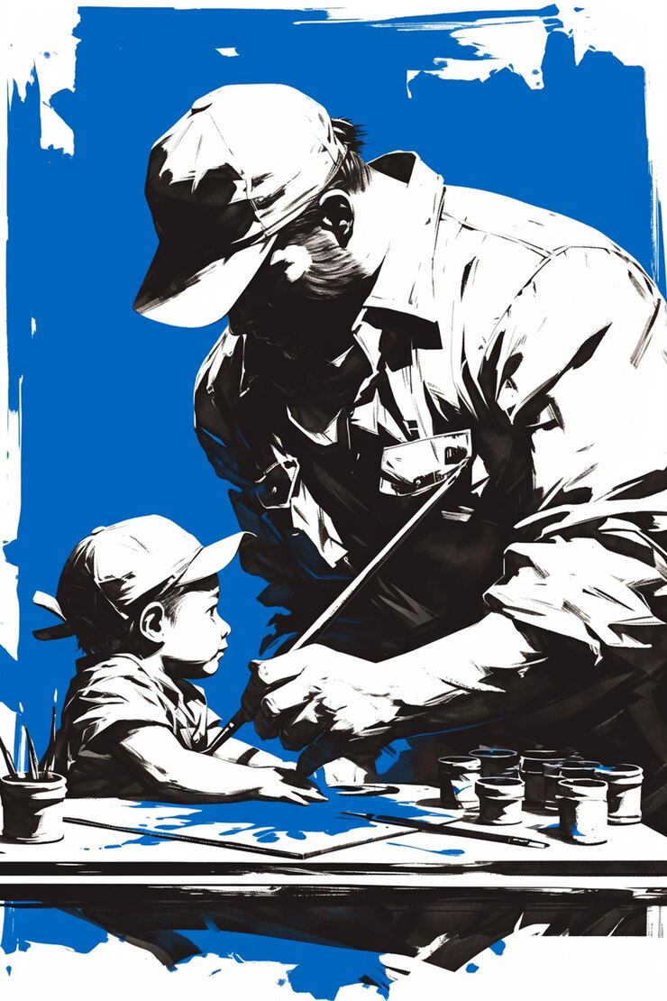 Vector father and child painting together on fathers day