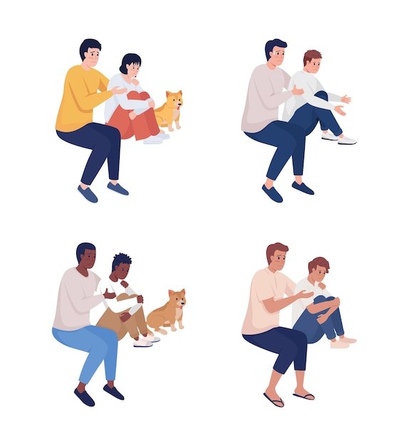 Vector father and child relationship semi flat color vector characters set