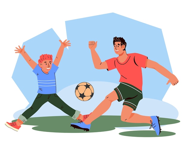 Father and child son playing football or soccer vector illustration isolated