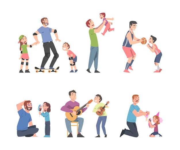 Father and Child Spending Time Together Playing Vector Set Young Dad and Happy Kids Having Fun Activity on Weekend