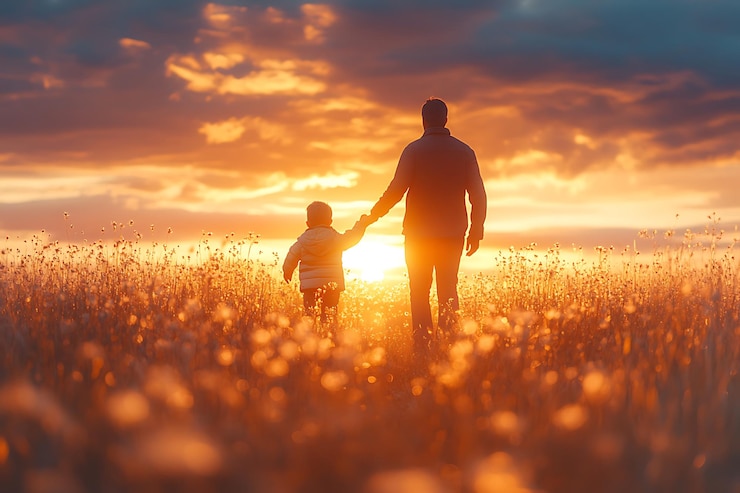 Vector father and child waving at sunset in a field
