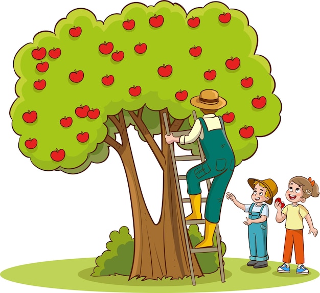 父 と 子供 たち が 樹木 の 摘み物 の 例 に よっ て 果物 を 摘み取っ て いる