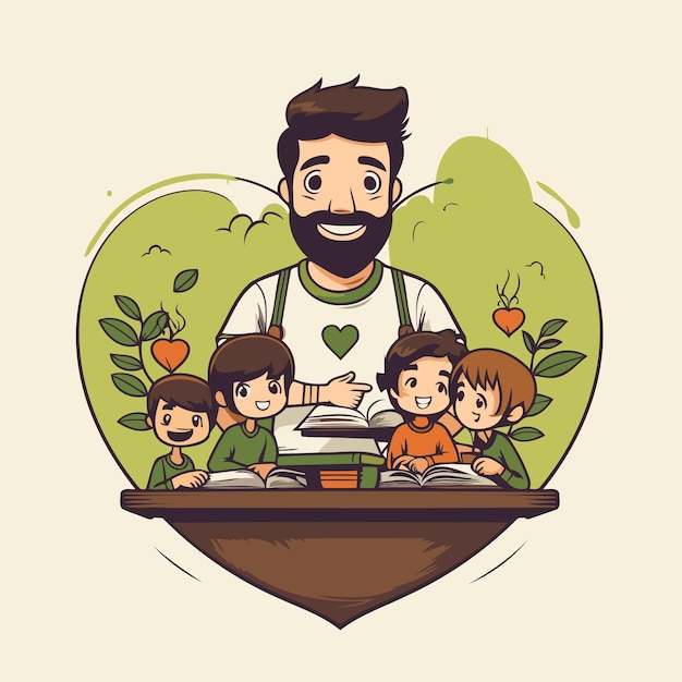 Father and children reading books in the park Vector illustration in cartoon style