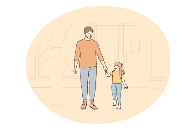 Father and daughter, Fathers day, activities with children concept. Young positive man father