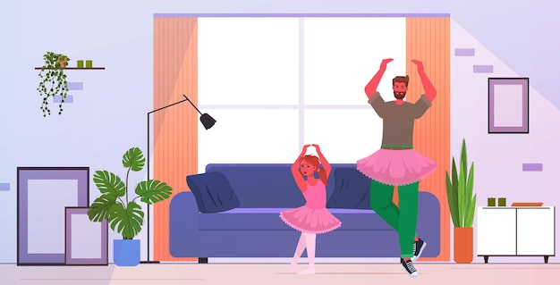 Vector father and daughter in pink skirts dancing like ballerinas ballet lesson parenting fatherhood concept dad spending time with his kid at home full length horizontal vector illustration