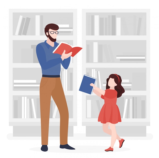 Father and daughter reading books flat illustration