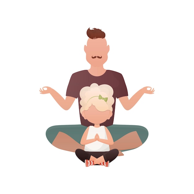 Vector father and daughter sit in the lotus position isolated cartoon style