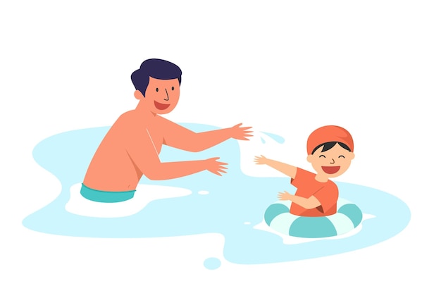 Vector father and daughter swimming at a pool