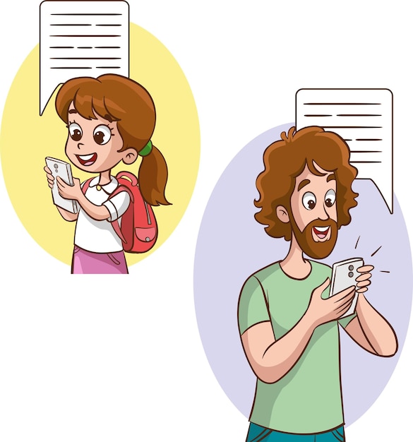 Vector father and daughter texting on cell phone vector illustration in cartoon style