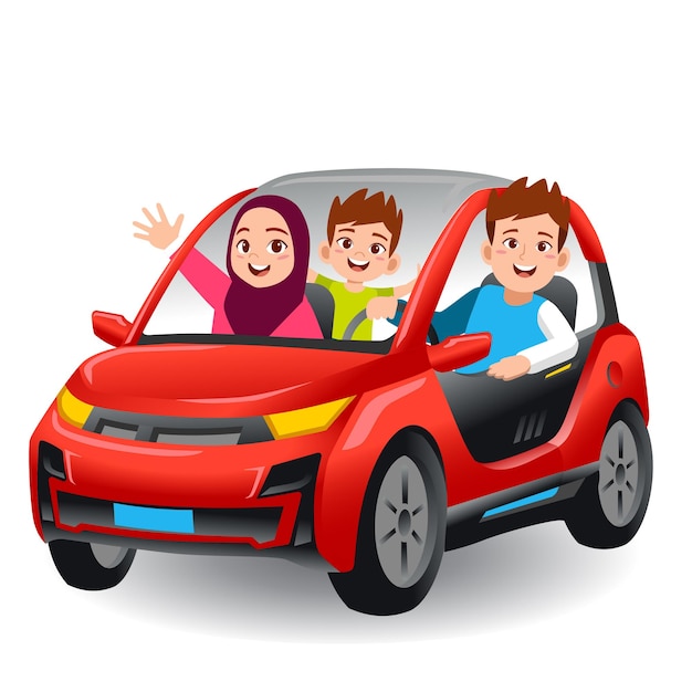 father driving a car with mother and son