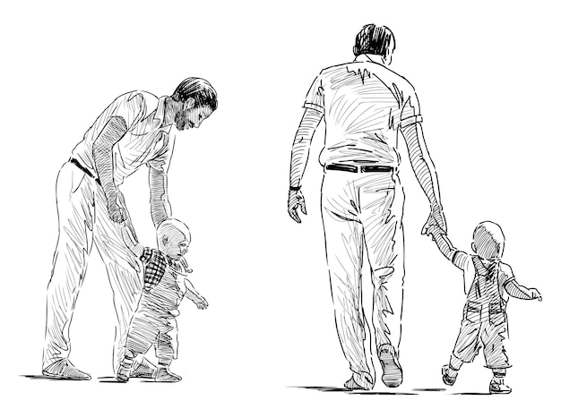 Vector father family child childhood parent baby father day sketch walk man care real people fatherhood