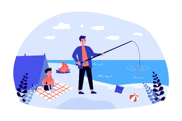 Father fishing on beach with his little son. flat vector illustration.  young man and boy spending time in tent on shore, making bonfire. childhood, nature, fatherhood, travel, hike, tourism concept