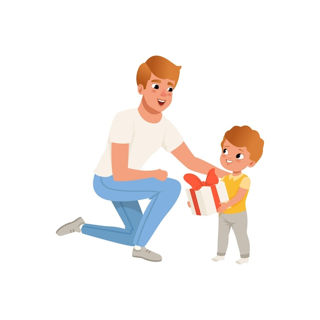 Father giving a gift to his son loving dad and kid spending time together vector Illustration on a white background