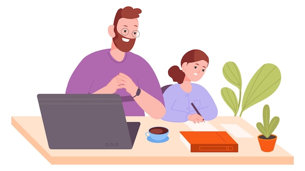 Father helping daughter with homework Parent studying kid