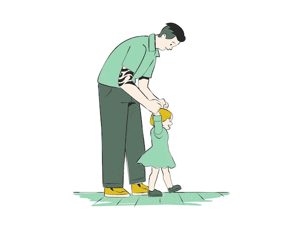 Father helping his daughter to walk Simple line art vector illustration