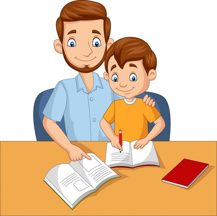Vector father helping his son doing homework