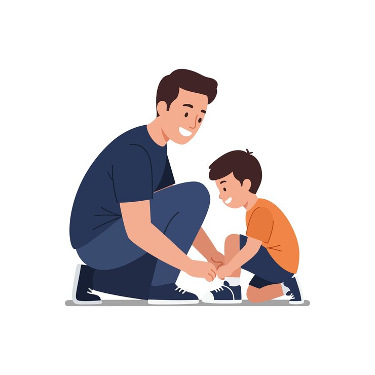 Father helping son tie shoes in flat minimal vector illustration