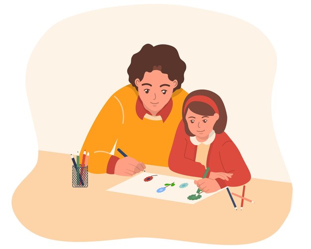 Father and him daughter drawing flowers