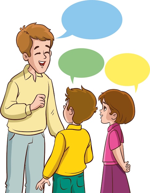 Father and his two kids talking with speech bubbles Vector illustration