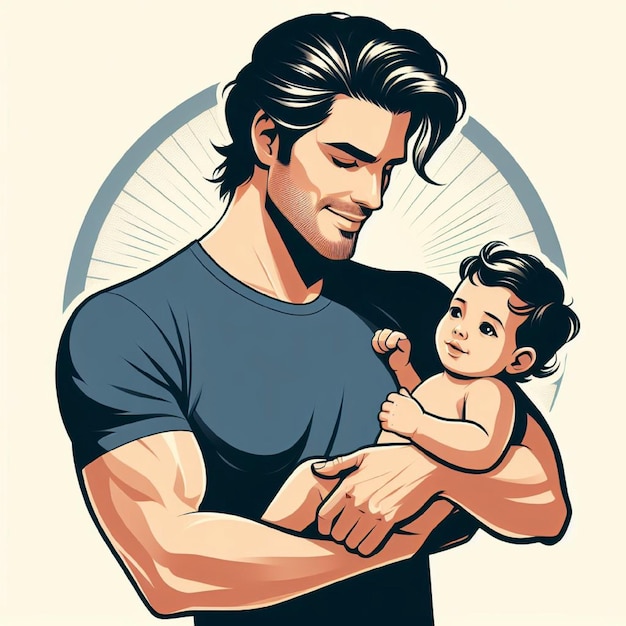 赤ちゃんを腕に抱いた父親 父の日コンセプト 漫画のスタイルで