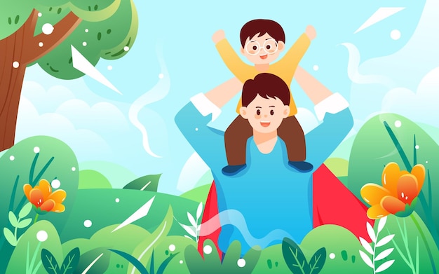 Father holding child with plants and sky in background vector illustration