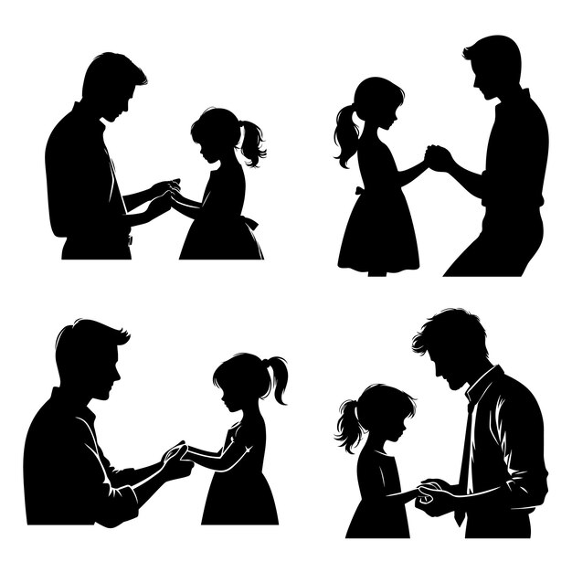 Vector father holding daughter hands silhouette set happy father day symbol