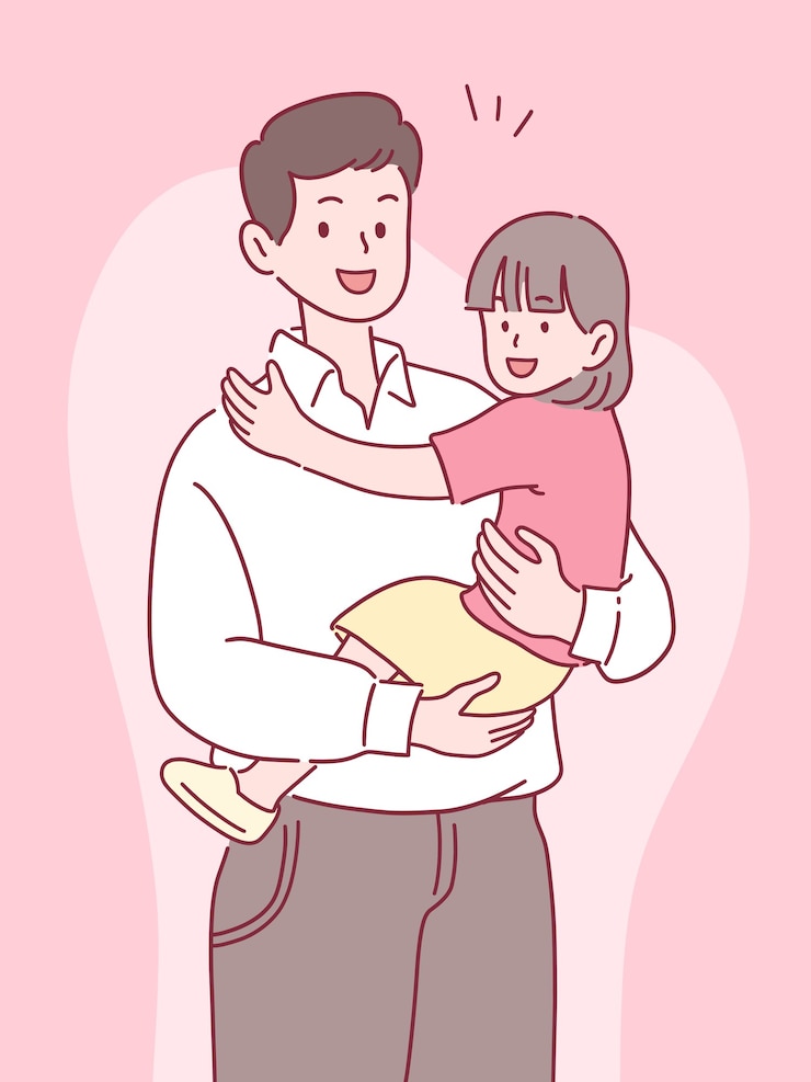 Vector 笑顔で娘を抱く父、一緒に幸せな時間を過ごす、父の日のコンセプト、手描きスタイル。