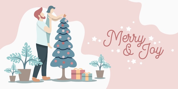 A father holding his daughter put the star on the christmas tree illustration